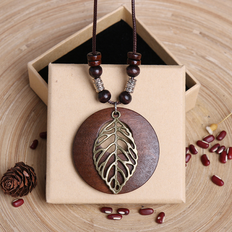 Wooden Pendant Necklace With Leaf \u002F Elephant Etc Shape Pendant Long PU Leather Chain Sweater Necklace For Women Girls