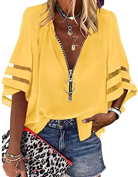 Brownm Zipper Half Bell Sleeve Mesh Solid Color Stitching Loose Casual Women's Shirt