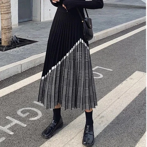 pornhint Pornhint ZAWFL 2023 Winter Women's Fashion Houndstooth Midi Skirt Female High Waist Pleated Knitted Thick Black Warm Skirts