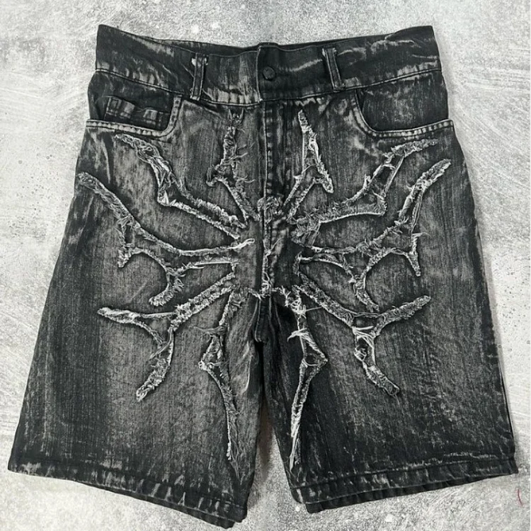 Dabasmedia Spider web geometric pattern embroidery high quality design baggy denim shorts mens y2k old washed personalized basketball short