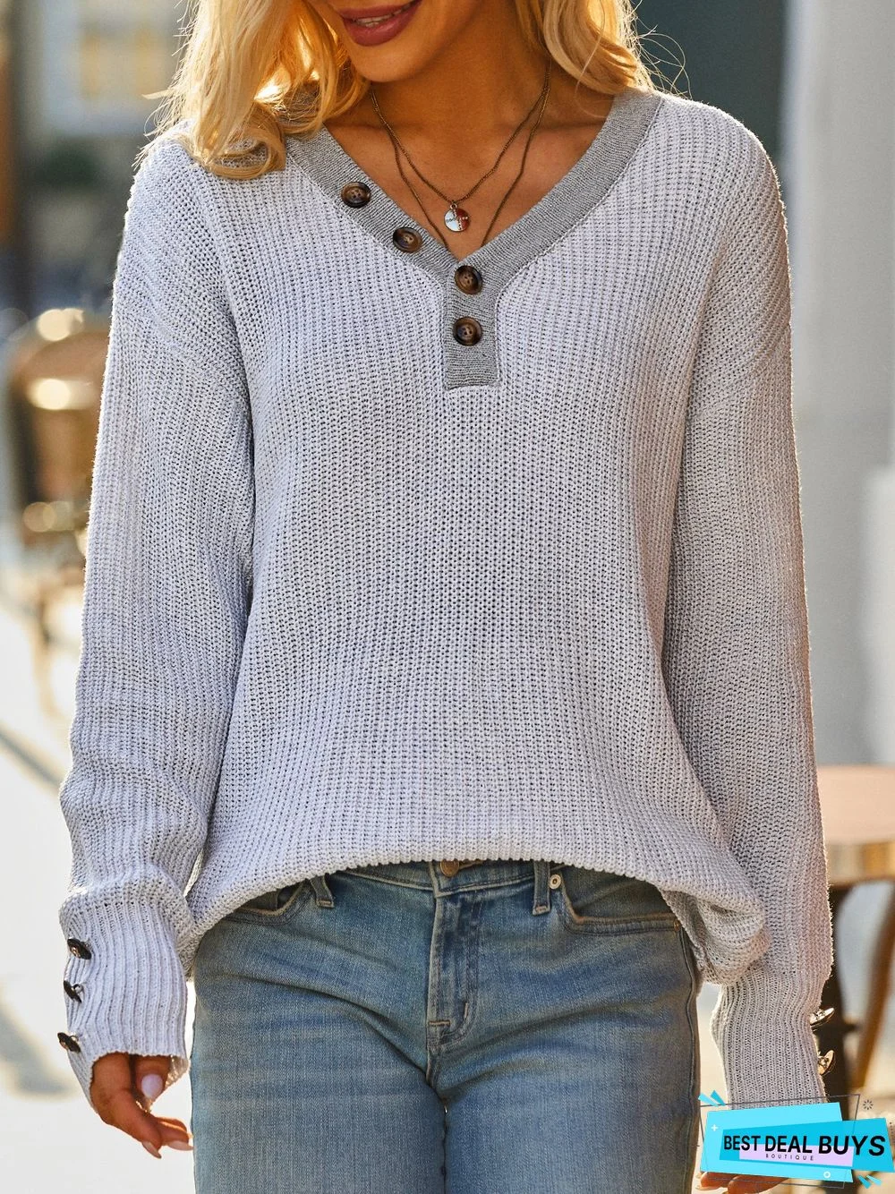 Plain Knitting V Neck Sweater
