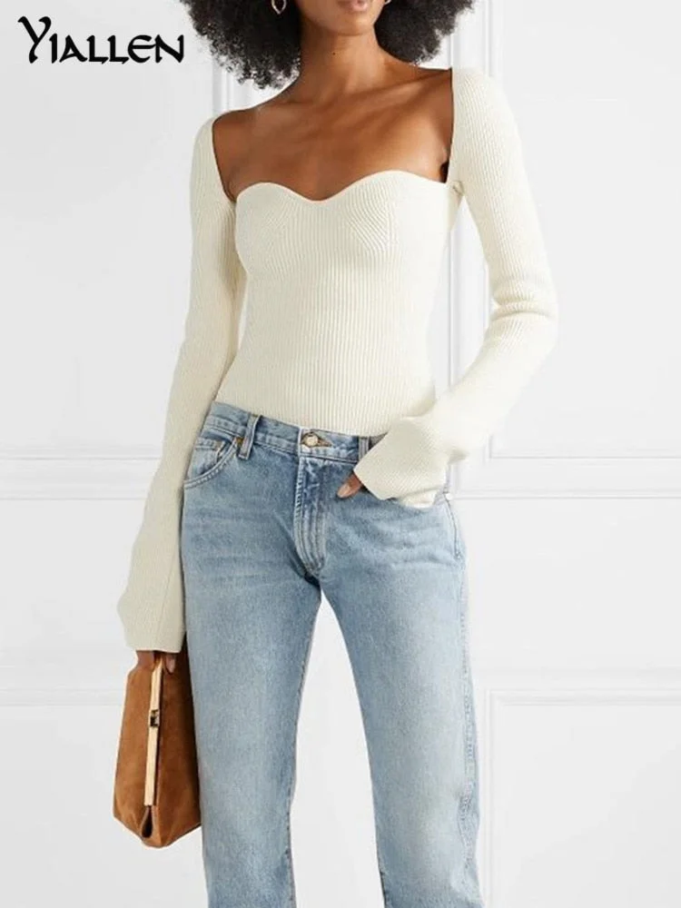 Yiallen White Side Split Knitted Women's 2022 Sweater Square Collar Long Sleeve Sweaters Female Autumn Fashion New Clothes Hot