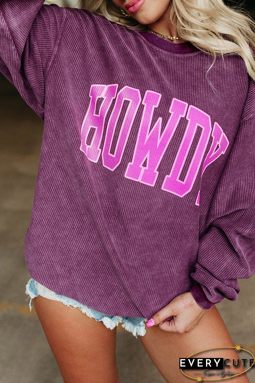 HOWDY Graphic Print Ribbed Casual Sweatshirt