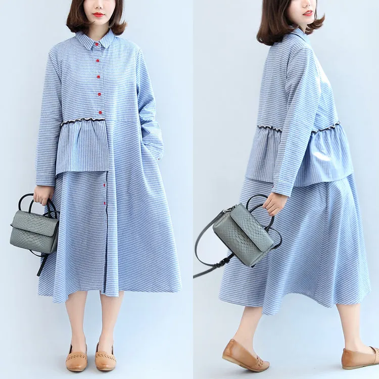 ruffles blue white striped cotton dresses plus size casual