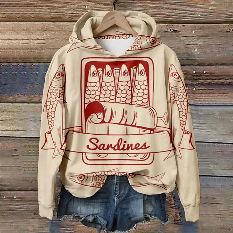 Japanese Style Sardines Print Casual Long Sleeve Hoodie