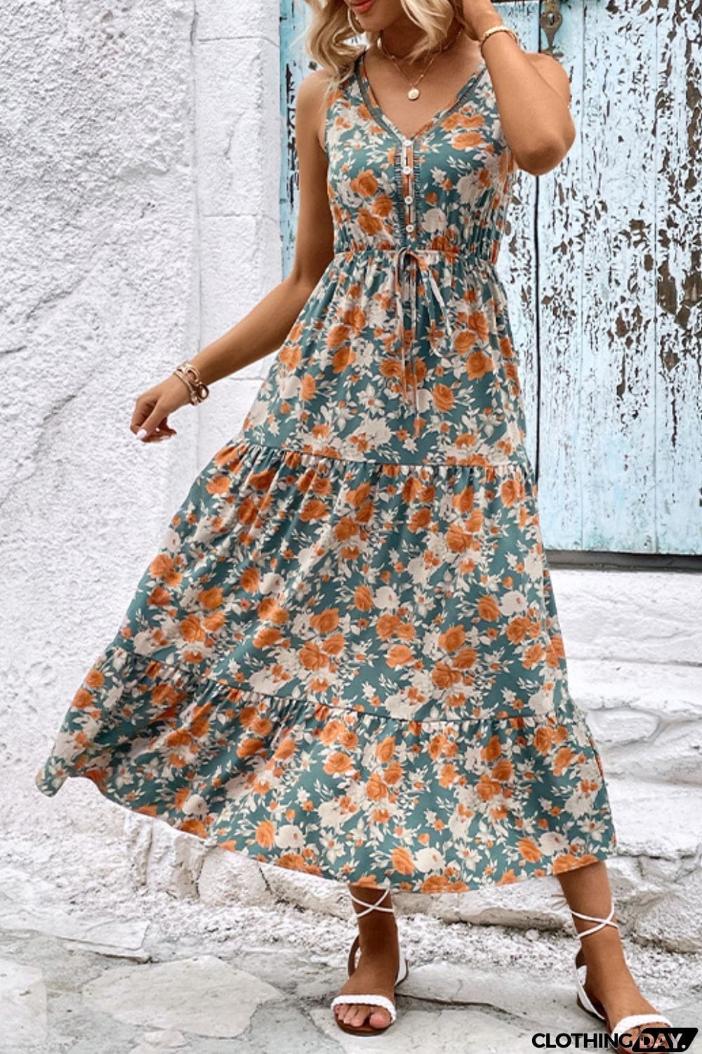 Floral V-Neck Tiered Sleeveless Dress