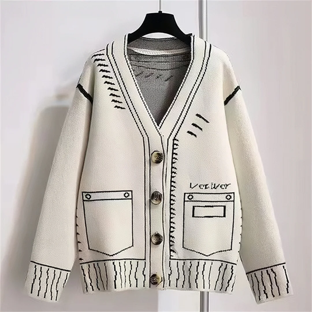 Ueong Painting Graffiti Sweater Women's New 2024 Autumn And Winter Black And White Loose Lazy Cardigan Coat Knitted Blouse
