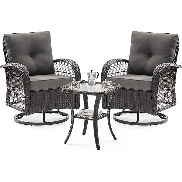 3 Pieces Patio Furniture Set, Outdoor Swivel Rocker Patio Chairs Set of 2, Wicker Glider Chairs with Thick Cushions and Glass Coffee Table，for Porch Deck Backyard (Blue) Blue/Brown Rattan