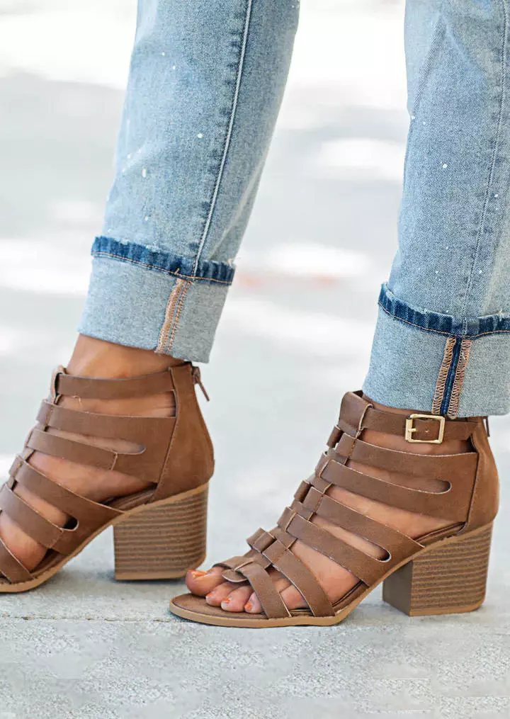 Zipper Buckle Strap Square Heel Sandals - Brown