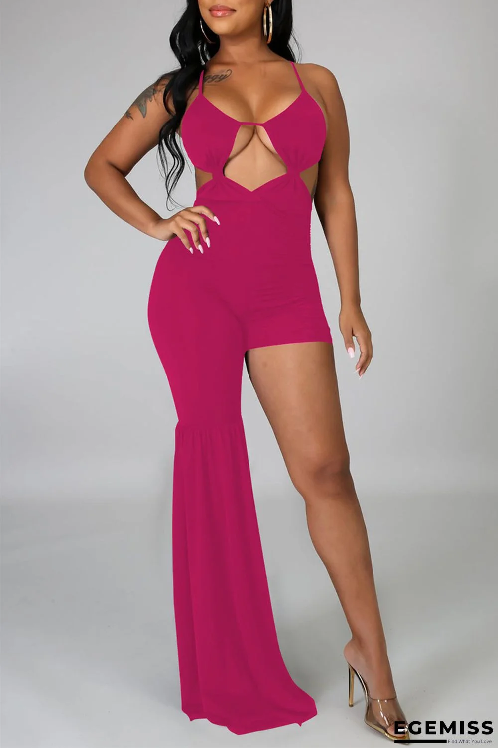 Rose Red Fashion Sexy Solid Hollowed Out Backless Asymmetrical Spaghetti Strap Skinny Jumpsuits | EGEMISS