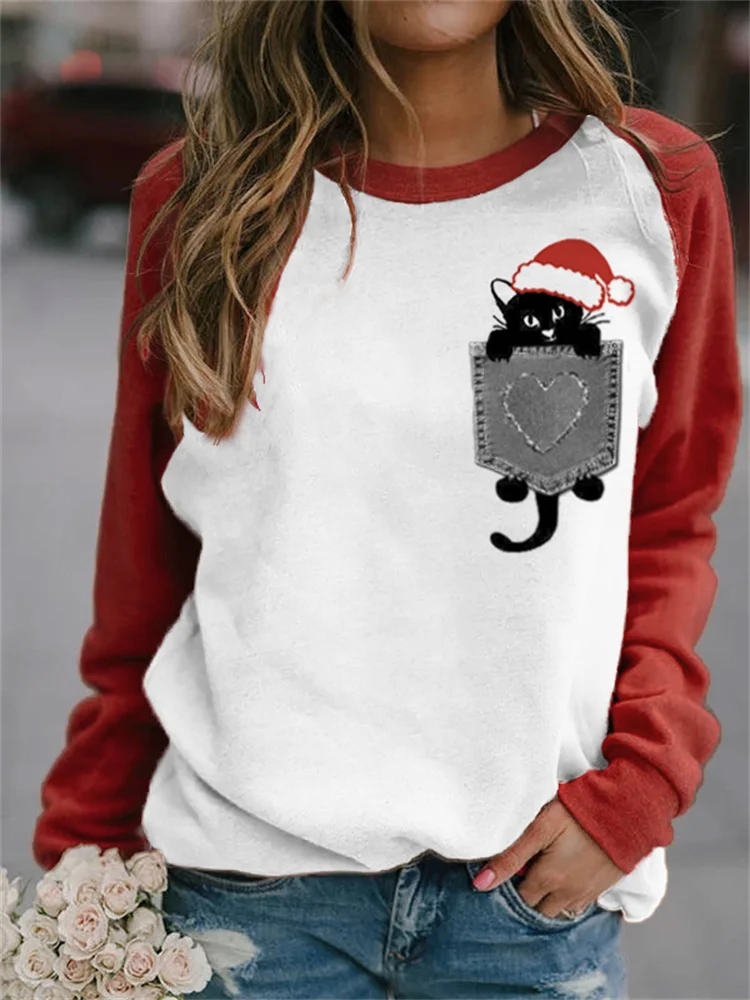 Wearshes Cute Christmas Hat Cat Colorblock Sweatshirt