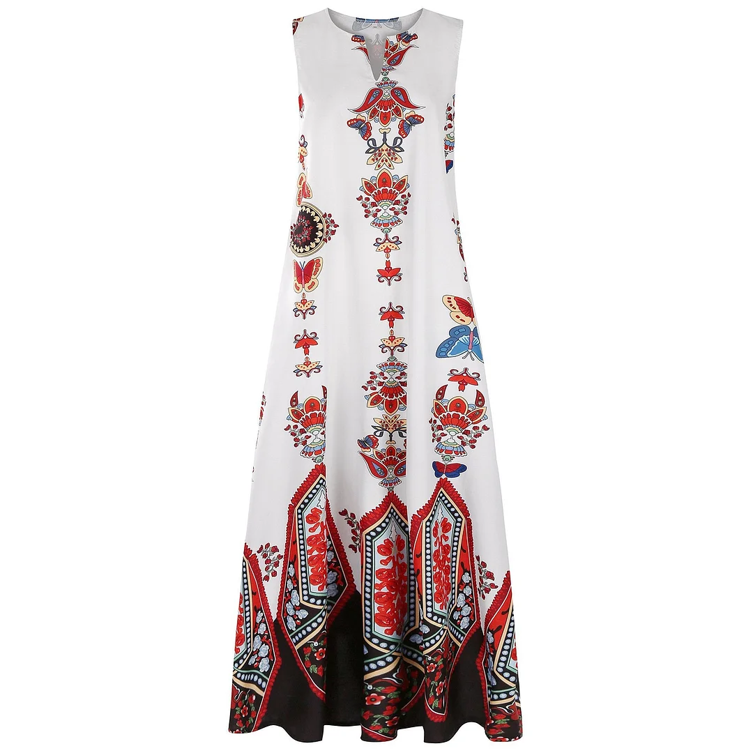 Retro Multicolor Printed Pocket V-neck Sleeveless Dress