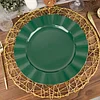 10 Pack | 11" Hunter Emerald Green Hard Plastic Dinner Plates with Gold Ruffled Rim, Large Heavy Duty Disposable Dinnerware