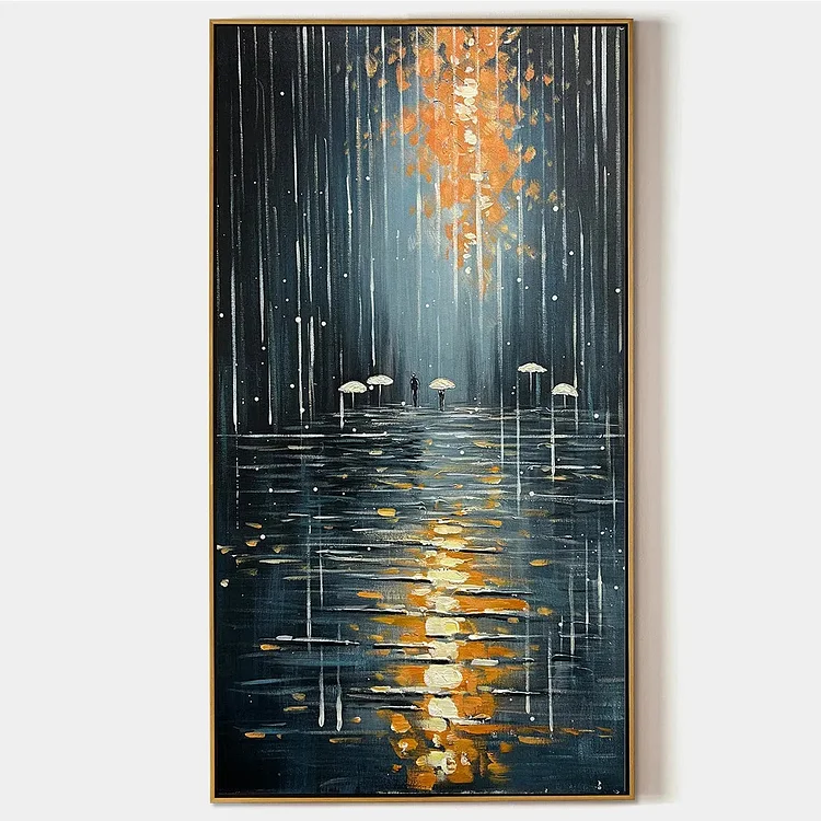 RAINY DAY REFLECTIONS: Vertical Painting of a Rainy City Street, Minimalist Figures, Modern Wall Art, Blue and Gold（Canvas painting）