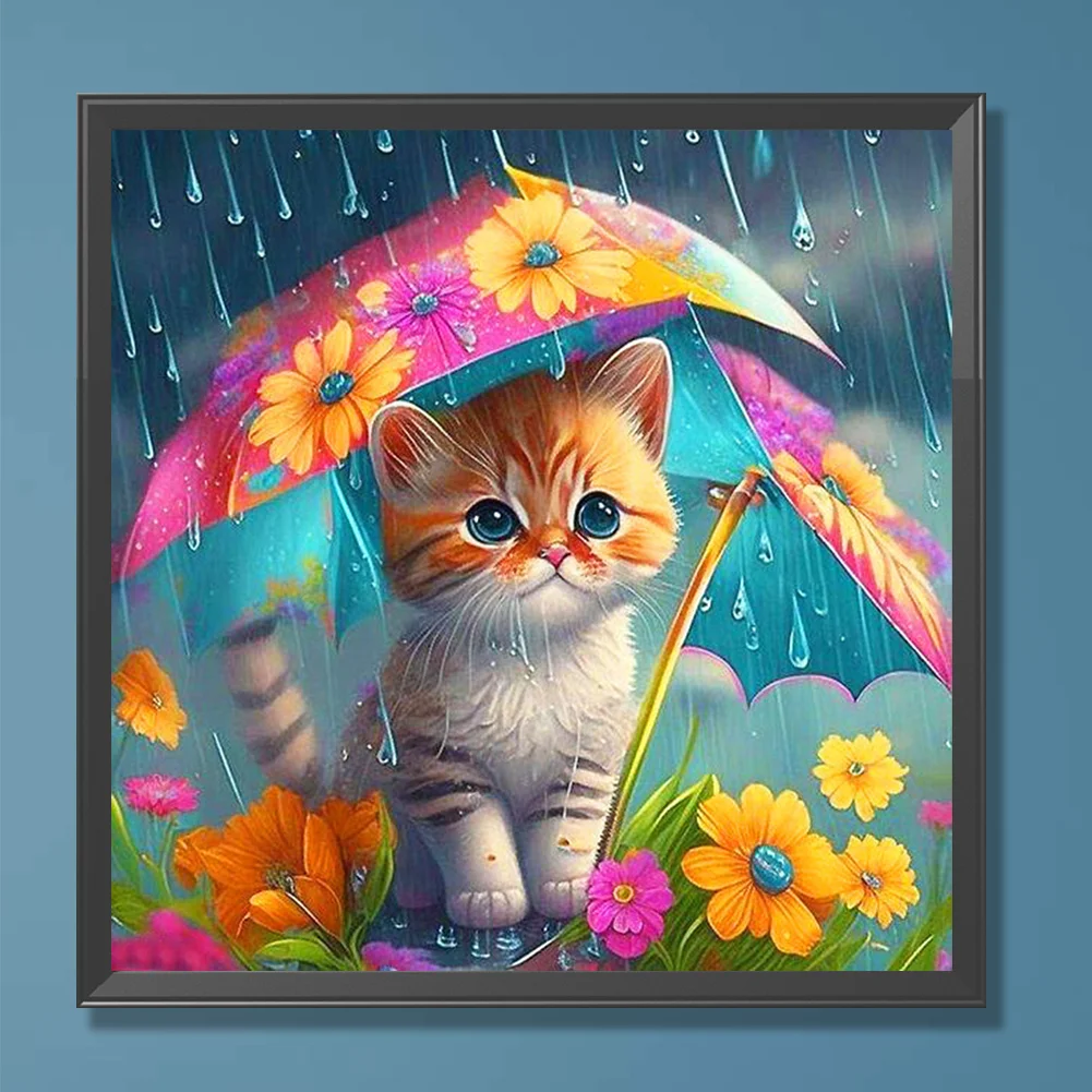 Diamond Painting - Full Round Drill - Umbrella Cat(Canvas|30*30cm)