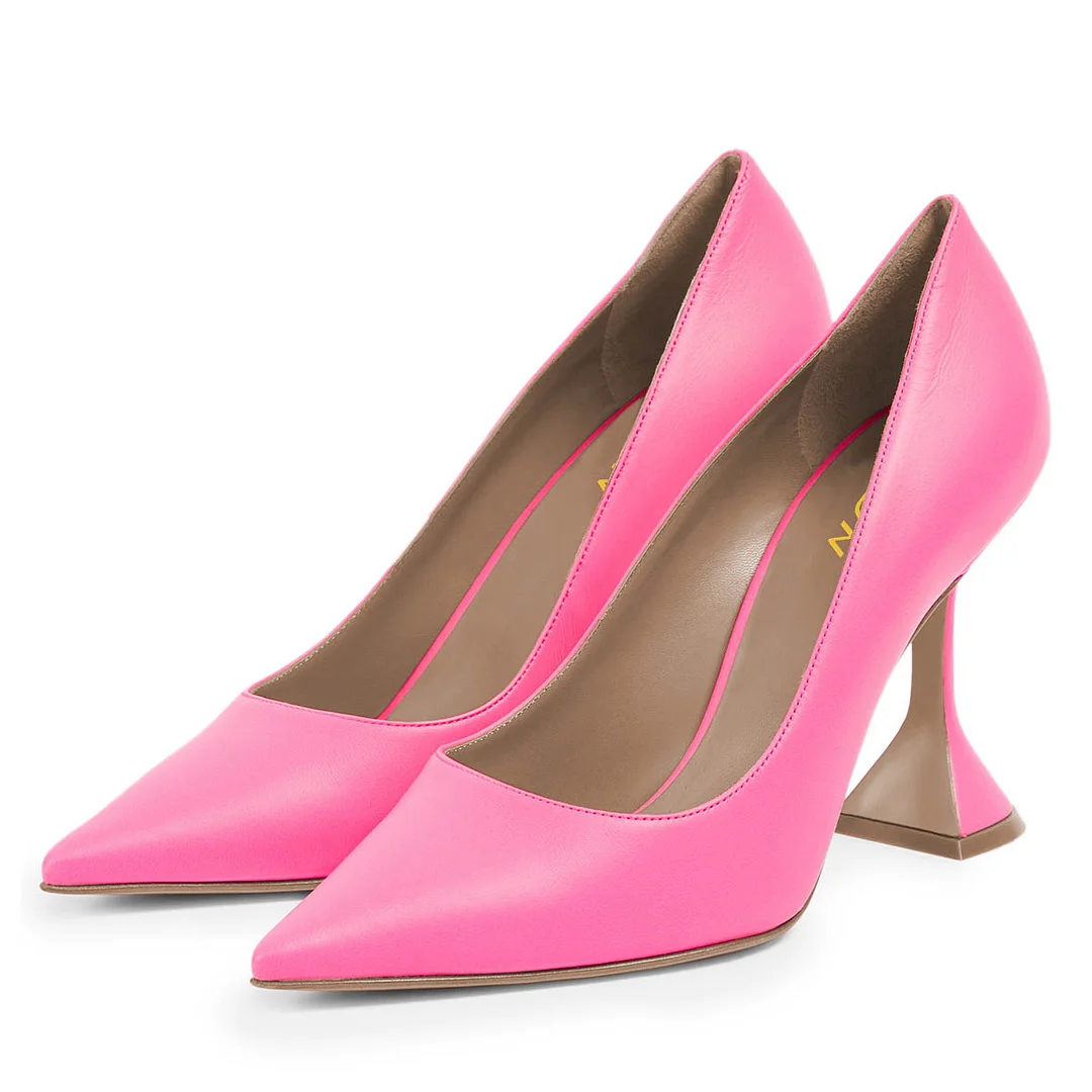 Hot Pink Vegan Leather Flared Heel Pointed Toe Pumps for Women