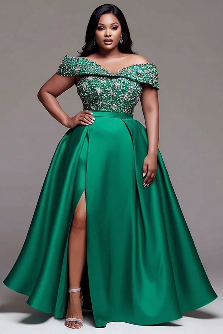 Xpluswear Design Plus Size Formal Green Off The Shoulder Short Sleeve Split Elegant Satin Maxi Dresses