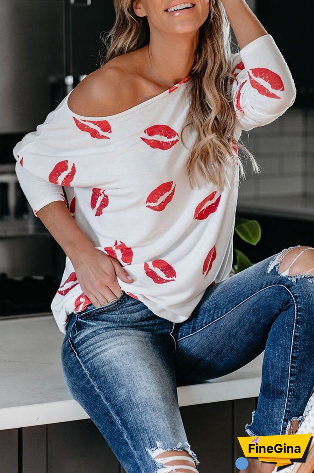 Lip Print Long Sleeve Casual T-Shirt