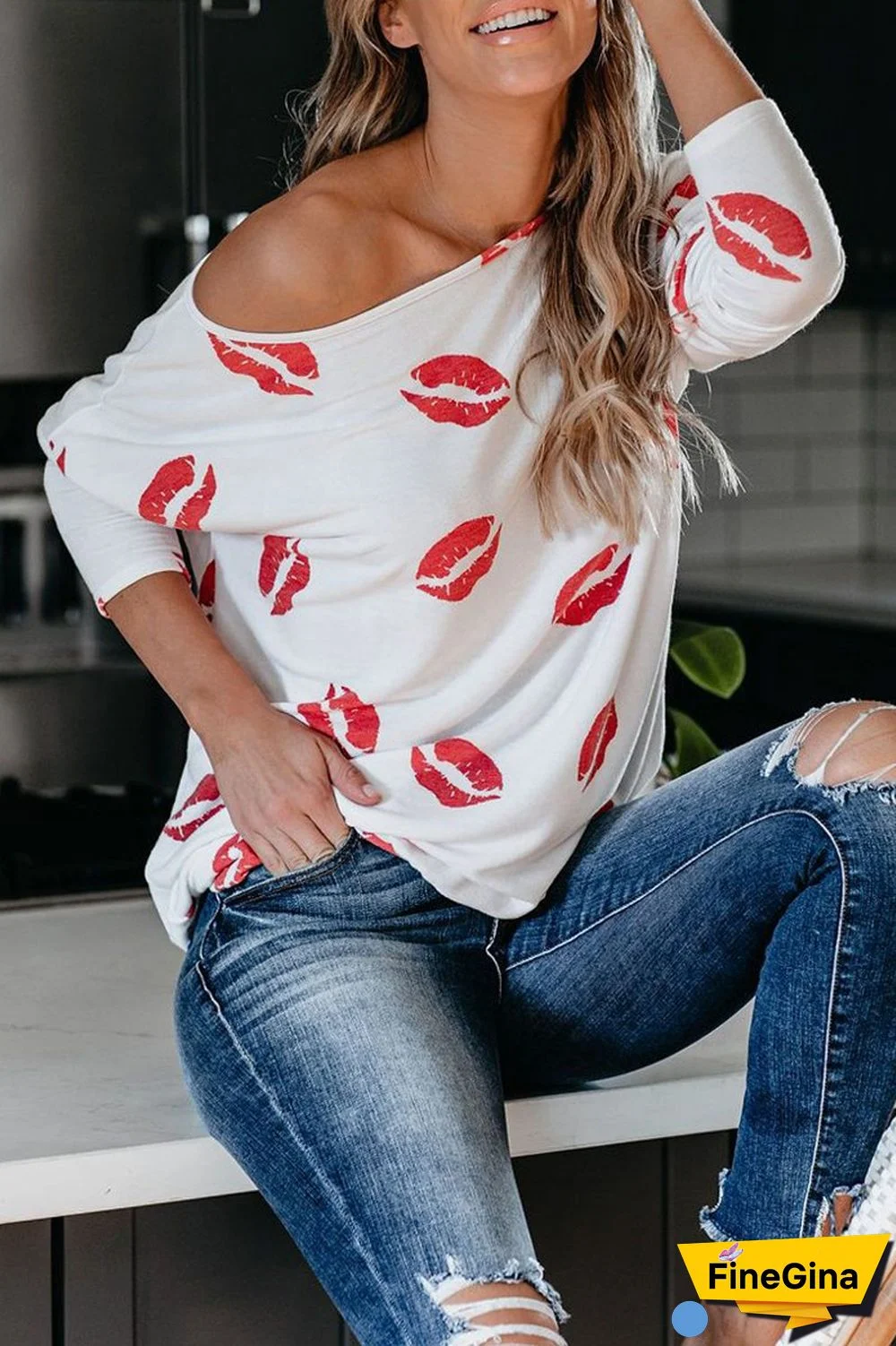 Lip Print Long Sleeve Casual T-Shirt