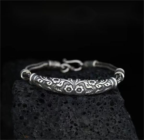 Sterling Silver Carving Tang Grass Pattern Bracelet