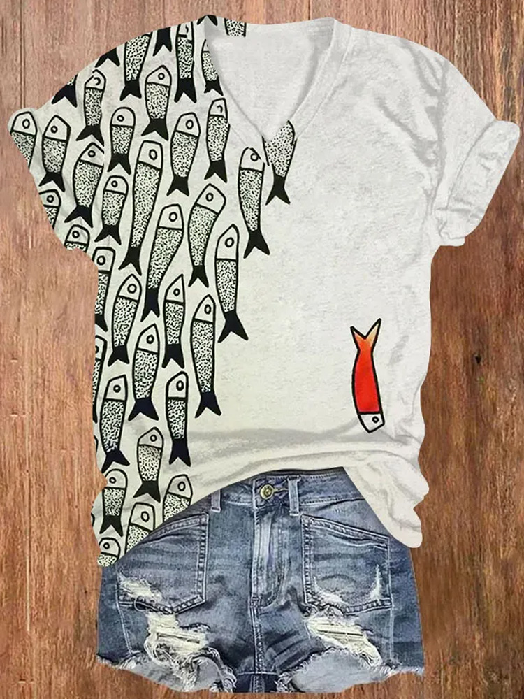 Comstylish Cute Simple Lines Abstract Geometric Fish Art Print V-neck T-shirt