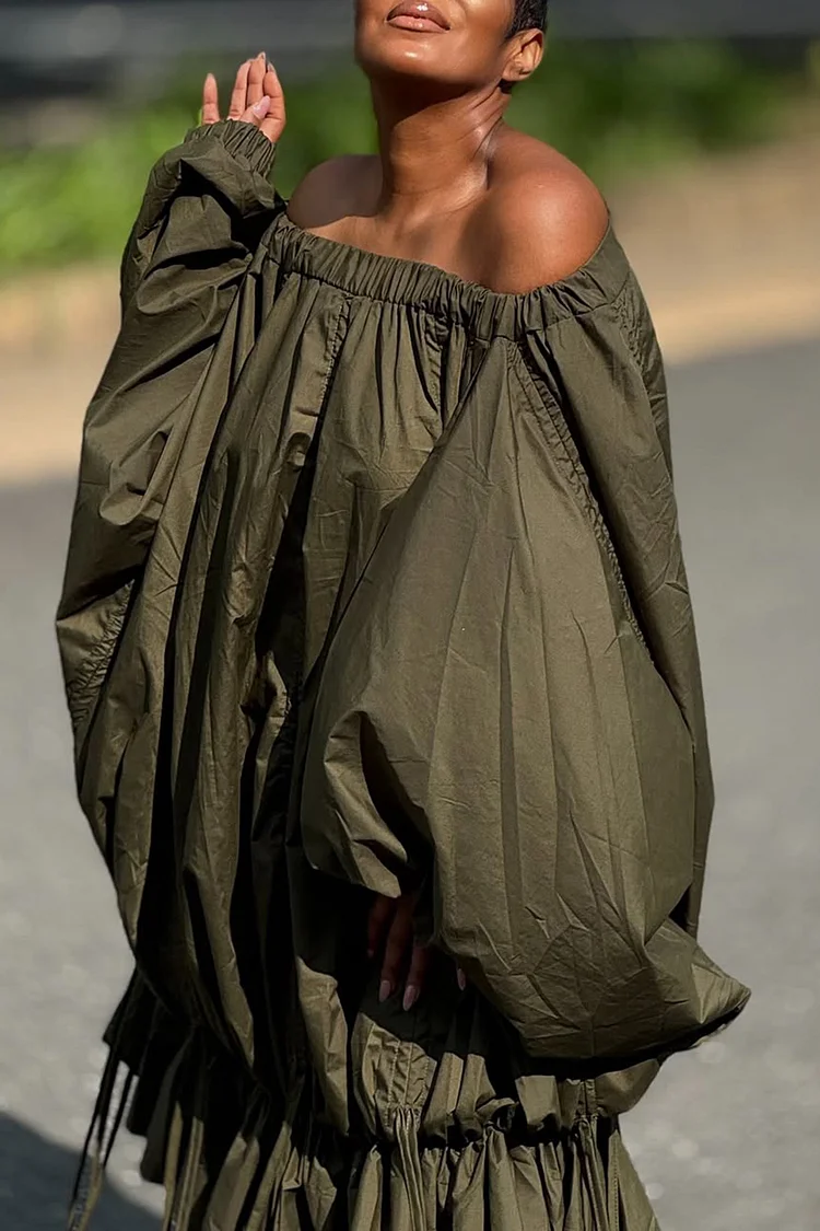 Plus Size Vacation Army Green Off The Shoulder Lantern Sleeve Long Sleeve Ruffle Casual Ruched Midi Dresses [Pre-Order]