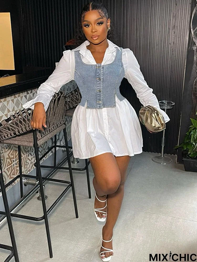 Denim Vest Flared Sleeve Mini Shirt Dress Set