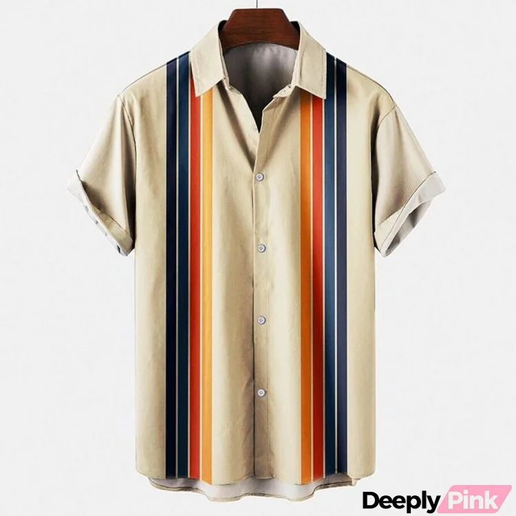 Men Summer Fashion Casual Stripe Pattern Lapel Short Sleeve Plus Size POLO Shirt