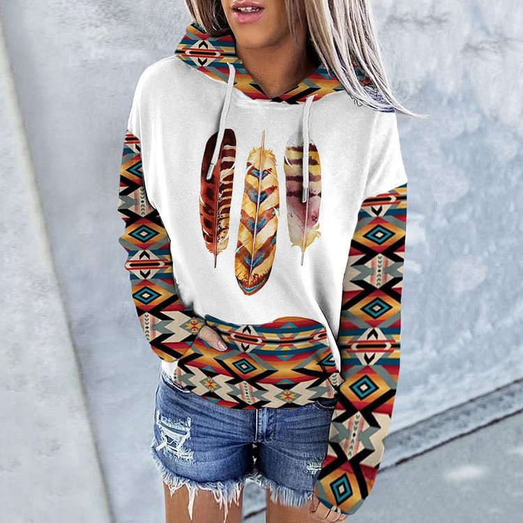Vefave Western Feather Print Casual Hoodie