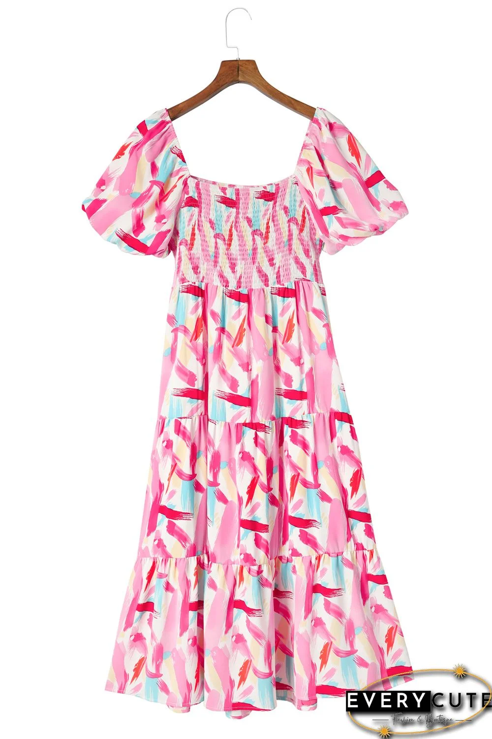 Pink Brush Stroke Printed Smocked Ruffle Tiered Dress