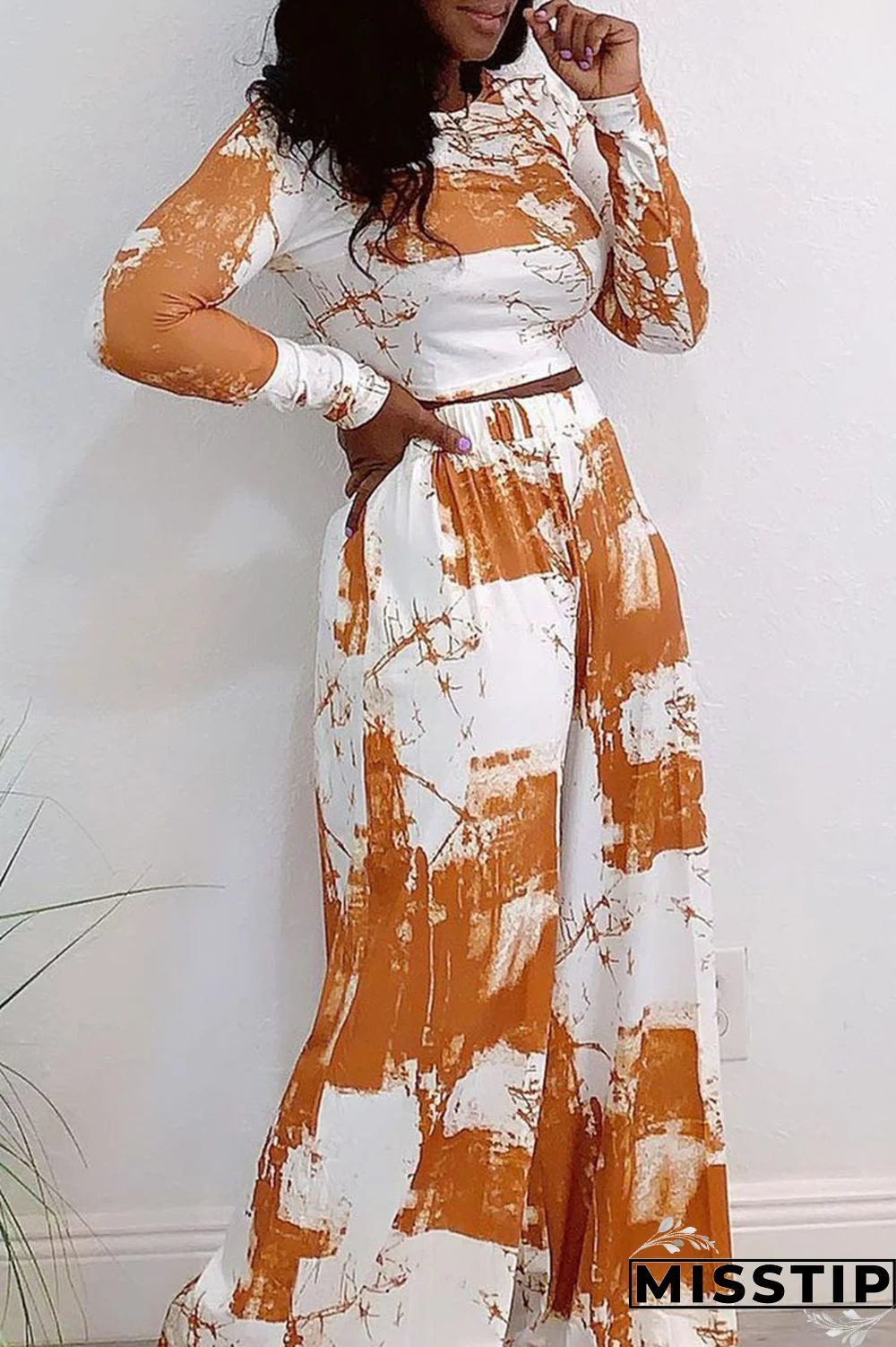 Orange Fashion Casual Print Patchwork O Neck Long Sleeve Two Pieces