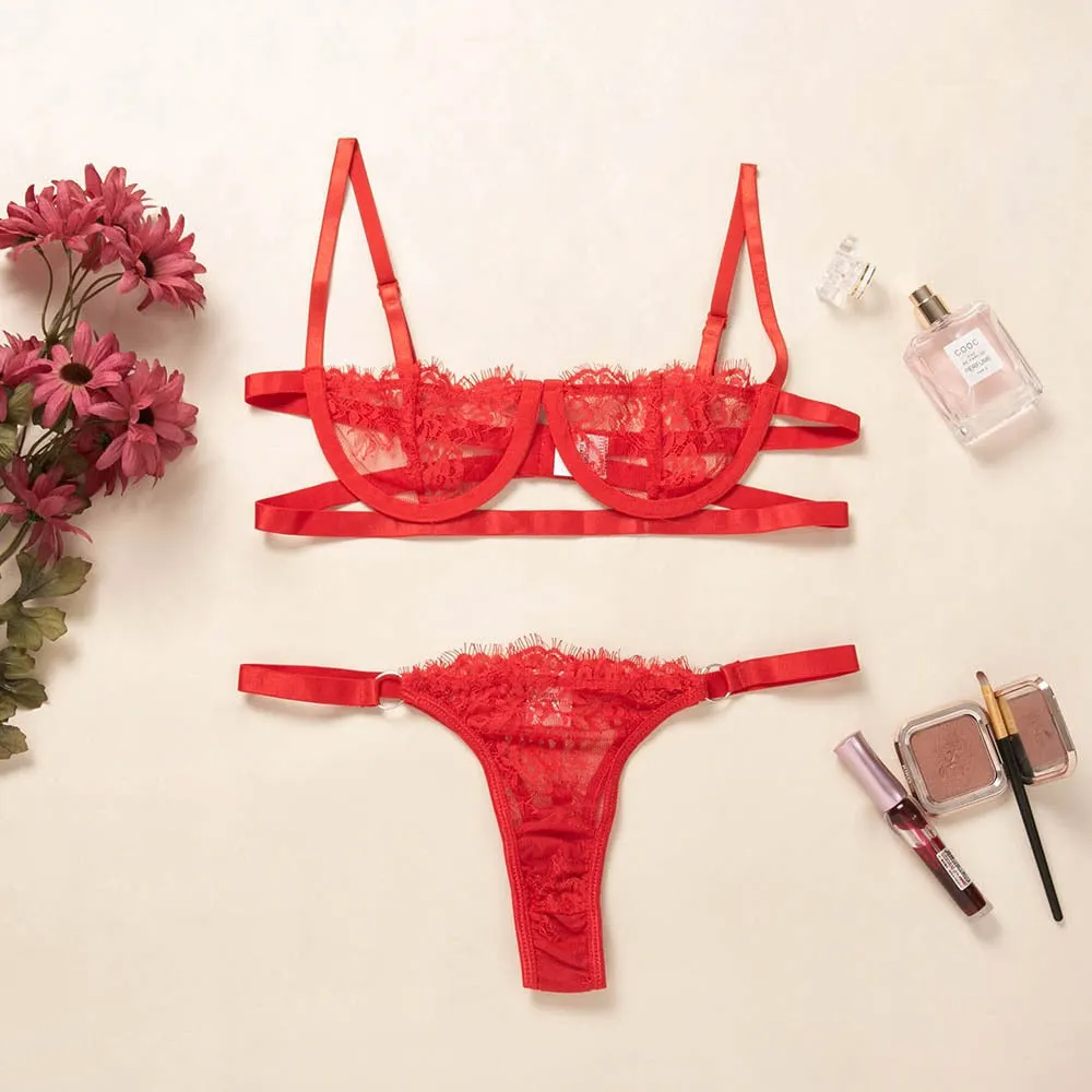 Ellolace Sexy Women's Underwear Lingerie Transparent Bra Low Cup Lace Underwear Set Lenceria Sexy Lingerie Set Bra And Panty Set 514
