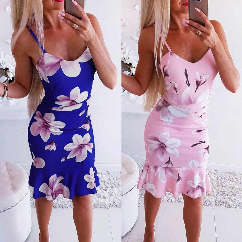 Women Floral Print Strappy Midi Party Dress Ladies Slim Bandage Bodycon Summer Holiday Side Suspender Dress Sundress