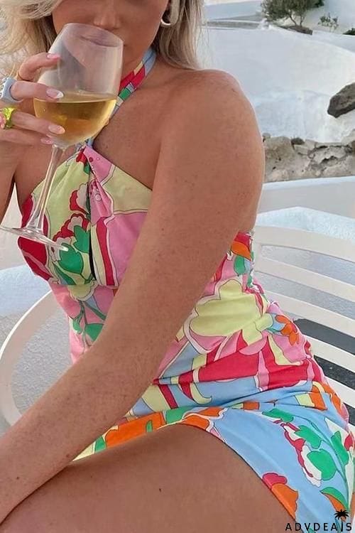 Print Halter Neck Backless Mini Dress