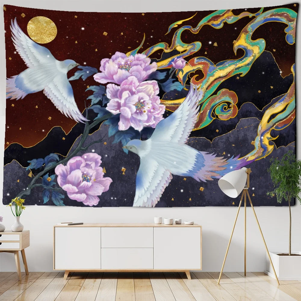 Crane Chinese Painting Blanket Tapestry Wall Hanging Bohemian Nordic Style Landscape Bedroom Home Decor