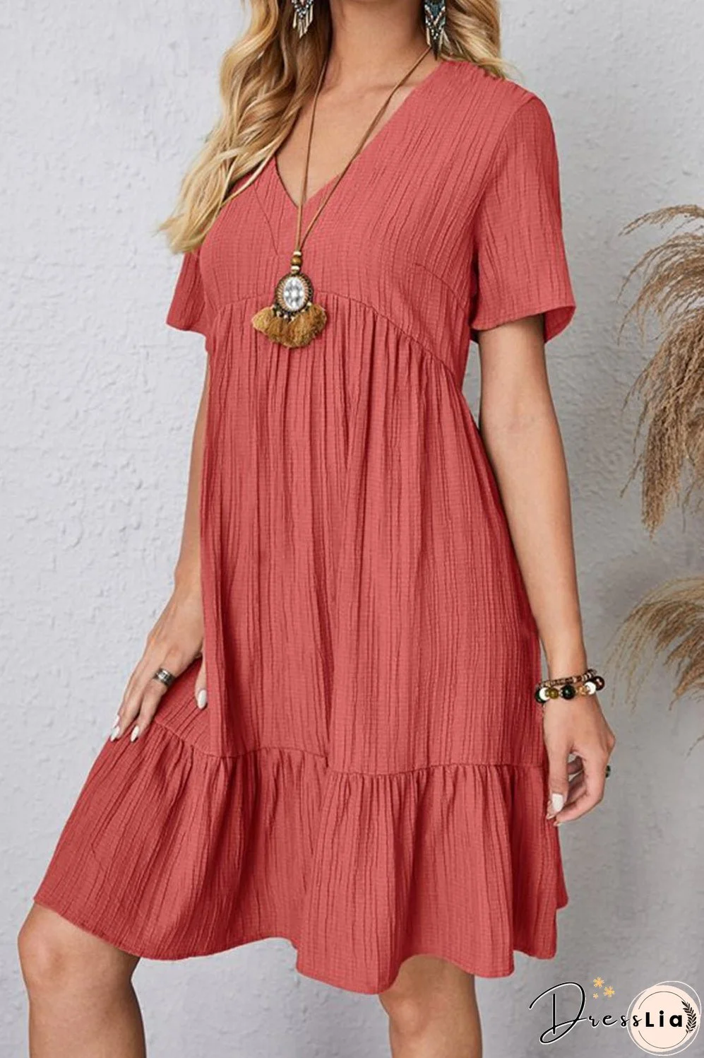 Full Size Ruched V-Neck Short Sleeve Dress
