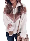 Urban Contrast Color Lapel Long Sleeves Zipper Faux Fur Coat