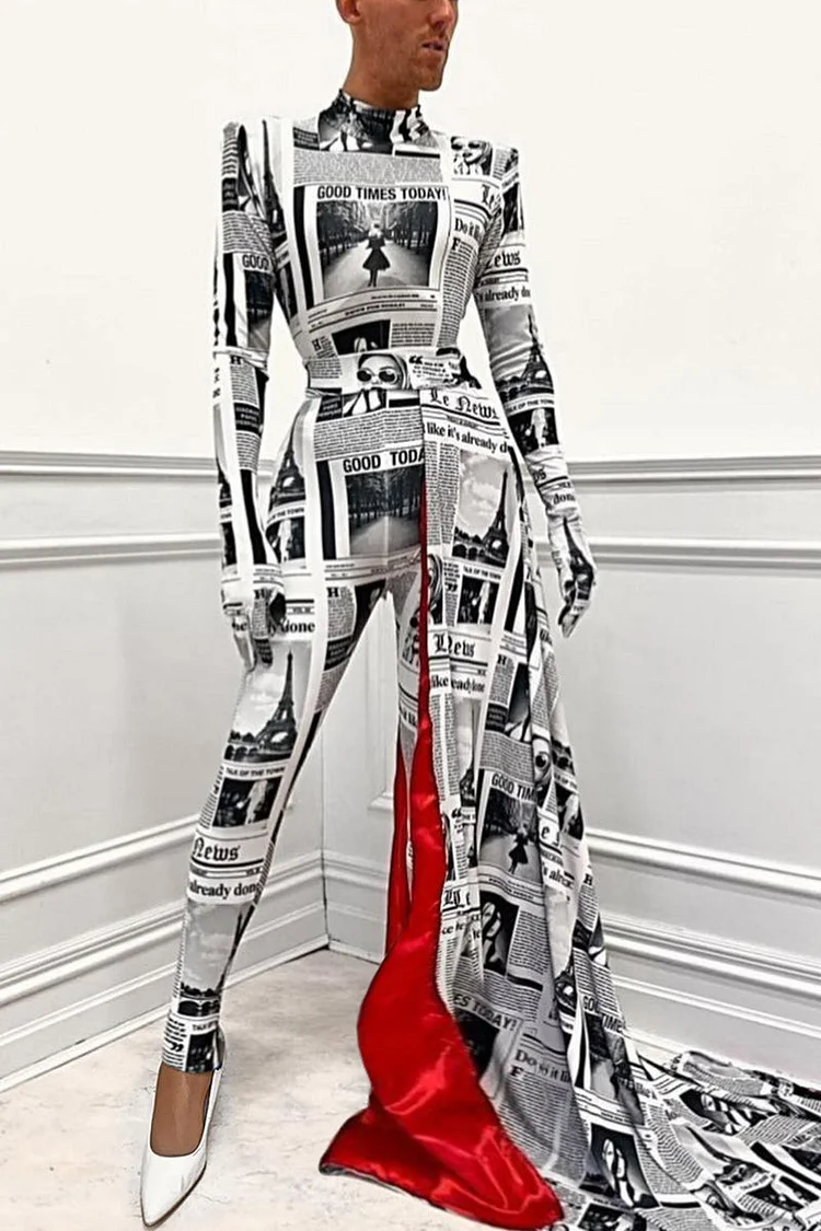 Ciciful Newspaper Print Costume Tight Jumpsuit With Side Drape Train