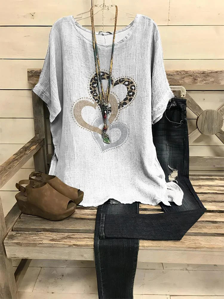 Printed Short Sleeved Loose T-shirt with Round Collar