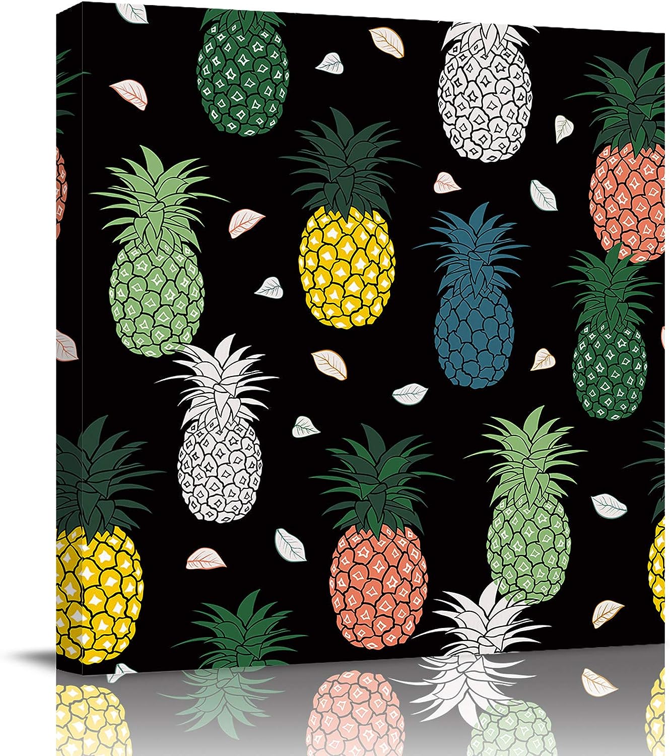 Canvas Wall Art - Canvas Prints Wall Decor for Bathroom - Yellow Green Pink Cartoon Pineapple Black Canvas Picture Poster for Room Aesthetic, Framed Artworks for Home Bedroom Living Room, 28 inch x28 inch  28&#034;x28&#034;