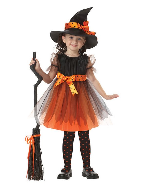 Witch Costume Kids Halloween Orange Tulle Dresses And Hat Novameme