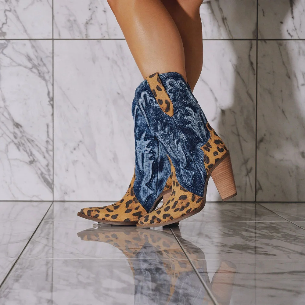 Multicolor Pointed Toe Patchwork Leopard Print Western Boots for Women