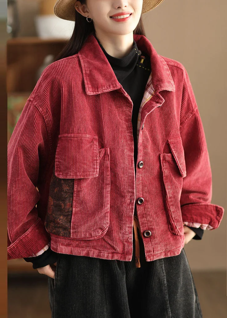 Retro Red Peter Pan Collar Pockets Patchwork Button Corduroy Coat Long Sleeve