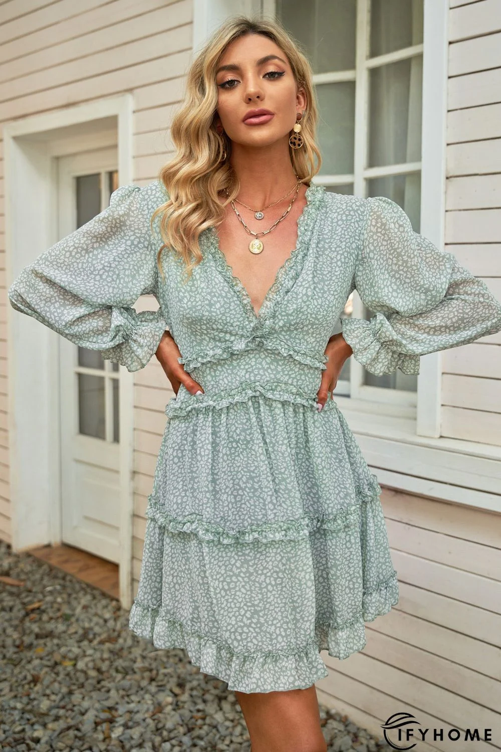 Green Ruffle Detailing Open Back Floral Dress | IFYHOME
