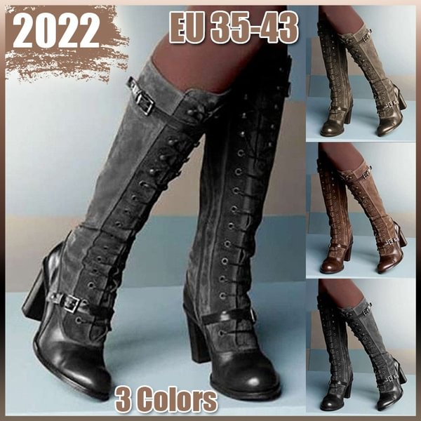 2022 Women Vintage Medieval Boots Retro High Boots Square Heel Pu Leather Winter Boots Women Knee-high Round Toe Botas Mujer - Life is Beautiful for You - SheChoic