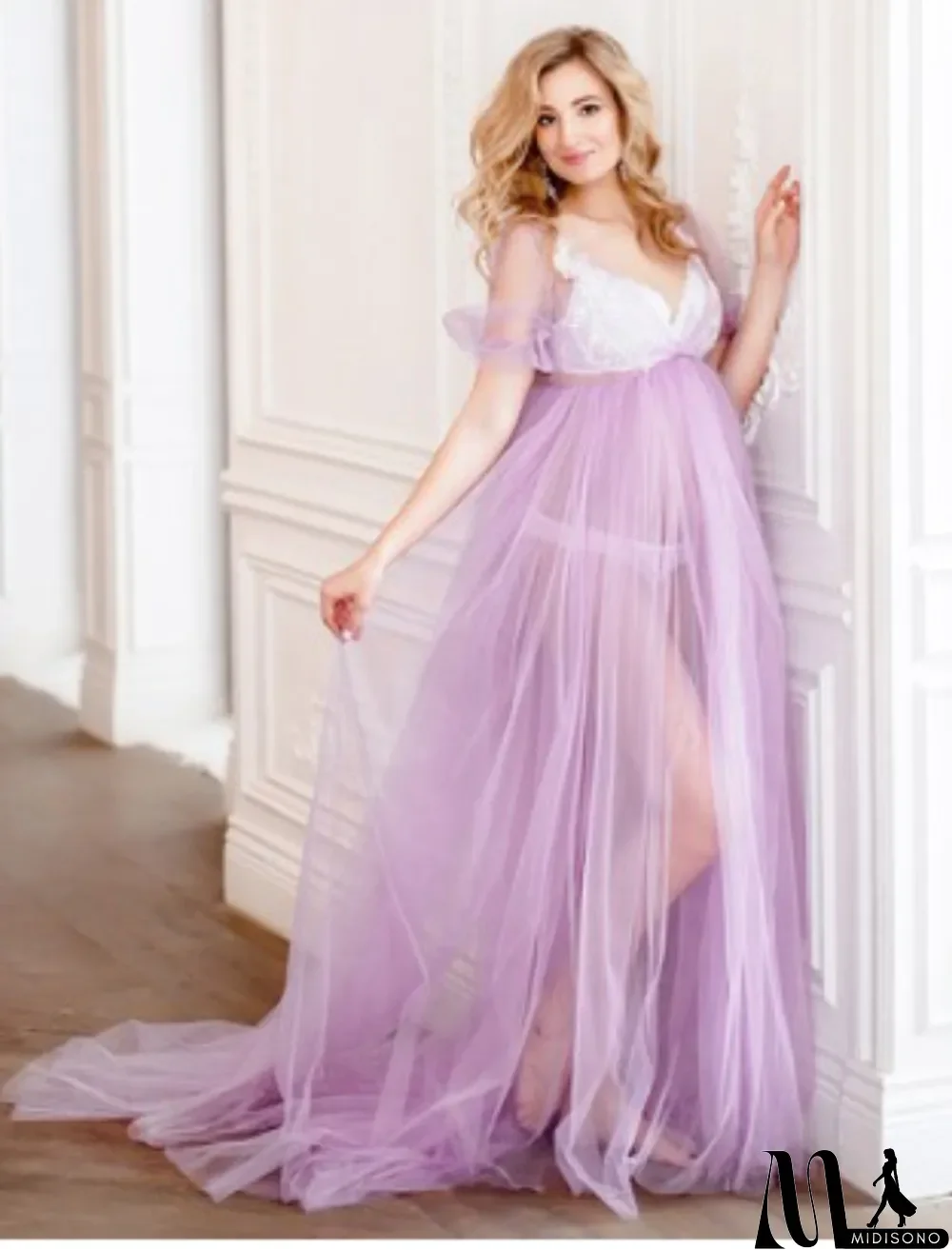 MidiSono - Women Summer Purple Sweet V-neck Short Sleeves Solid Lace Maternity Dress