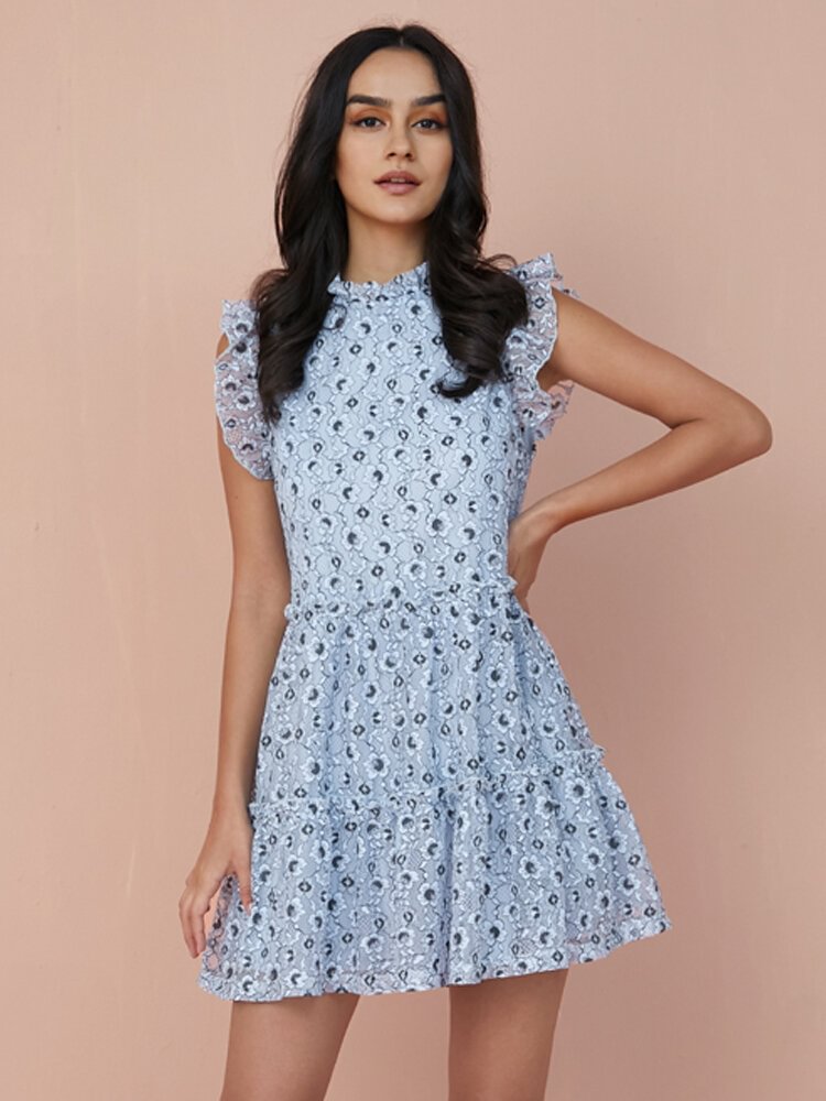 Floral Print Tiered Lace Ruffle Sleeve Midi Dress