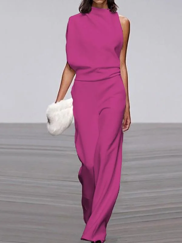 Solid color one-shoulder pile collar jumpsuit