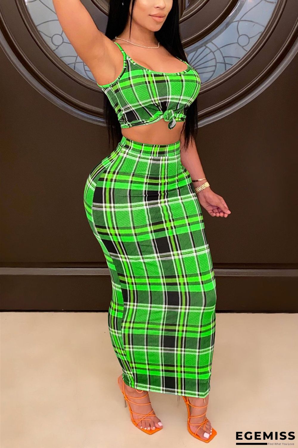 Green Sexy Plaid Print pencil Sleeveless Two Pieces | EGEMISS