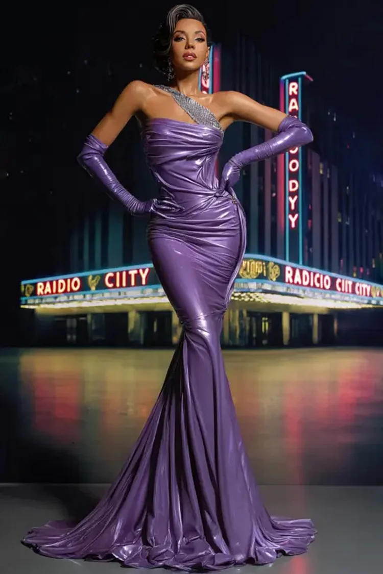 Crystal Strap Metallic Mermaid Maxi Dress-Purple [Custom-Made]